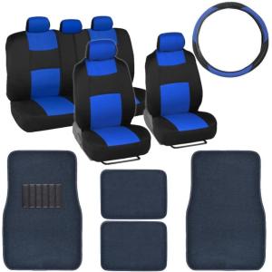 imageBDK Front ampamp Rear Combo Set of 4 Piece Auto Carpet Floor Mats with PolyPro Car Seat Covers ampamp Steering Wheel Cover Fits Most for Car Truck Van SUV Colorful Design Interior Car AccessoriesBlue