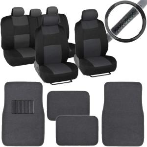 imageBDK Front ampamp Rear Combo Set of 4 Piece Auto Carpet Floor Mats with PolyPro Car Seat Covers ampamp Steering Wheel Cover Fits Most for Car Truck Van SUV Colorful Design Interior Car AccessoriesCharcoal